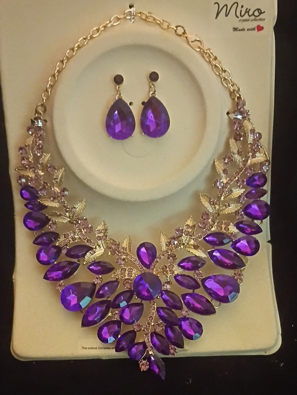 IRO Gold-Tone Necklace with Purple Crystal Statement Pendant & Matching Earrings